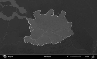 Antwerpen. Belçika 'nın idari alanı koyu gri tonlu bir yükselme haritasına vurgulandı ve özetlendi