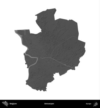 Antwerpen. Belçika 'nın idari bölgesi gri ölçekli yükseklik haritasında beyaza izole edildi