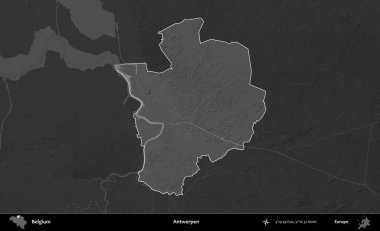Antwerpen. Belçika 'nın idari alanı koyu gri tonlu bir yükselme haritasına vurgulandı ve özetlendi
