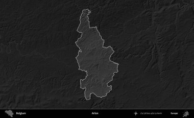Arlon. Belçika 'nın idari alanı koyu gri tonlu bir yükselme haritasına vurgulandı ve özetlendi