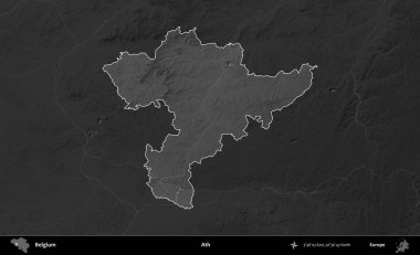 Bir. Belçika 'nın idari alanı koyu gri tonlu bir yükselme haritasına vurgulandı ve özetlendi