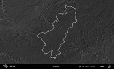 Bastogne. Belçika 'nın idari alanı bir gri ölçekli yükseklik haritasında belirtilmiştir