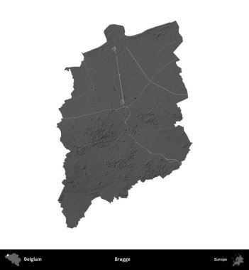 Brugge. Belçika 'nın idari bölgesi gri ölçekli yükseklik haritasında beyaza izole edildi