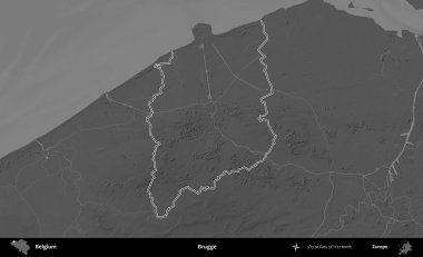 Brugge. Belçika 'nın idari alanı bir gri ölçekli yükseklik haritasında belirtilmiştir
