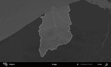 Brugge. Belçika 'nın idari alanı koyu gri tonlu bir yükselme haritasına vurgulandı ve özetlendi