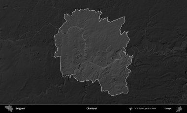 Charleroi. Belçika 'nın idari alanı koyu gri tonlu bir yükselme haritasına vurgulandı ve özetlendi
