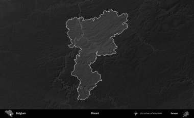 Dinant. Belçika 'nın idari alanı koyu gri tonlu bir yükselme haritasına vurgulandı ve özetlendi