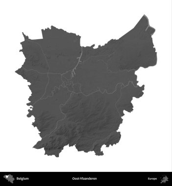 Oost-Vlaanderen. Belçika 'nın idari bölgesi gri ölçekli yükseklik haritasında beyaza izole edildi