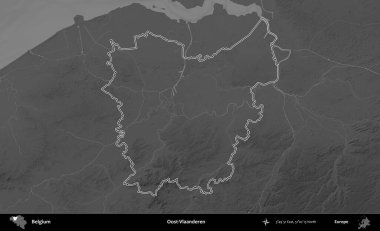 Oost-Vlaanderen. Belçika 'nın idari alanı bir gri ölçekli yükseklik haritasında belirtilmiştir