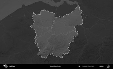 Oost-Vlaanderen. Belçika 'nın idari alanı koyu gri tonlu bir yükselme haritasına vurgulandı ve özetlendi