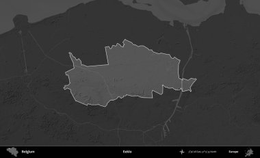 Eeklo. Belçika 'nın idari alanı koyu gri tonlu bir yükselme haritasına vurgulandı ve özetlendi