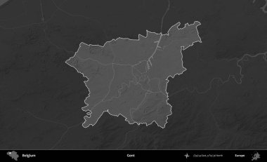 Beyler. Belçika 'nın idari alanı koyu gri tonlu bir yükselme haritasına vurgulandı ve özetlendi