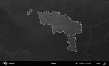 Hainaut. Belçika 'nın idari alanı koyu gri tonlu bir yükselme haritasına vurgulandı ve özetlendi