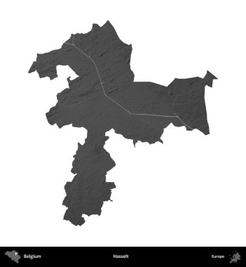 Hasselt. Belçika 'nın idari bölgesi gri ölçekli yükseklik haritasında beyaza izole edildi