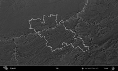Huy. Belçika 'nın idari alanı bir gri ölçekli yükseklik haritasında belirtilmiştir