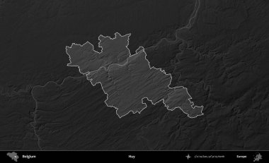 Huy. Belçika 'nın idari alanı koyu gri tonlu bir yükselme haritasına vurgulandı ve özetlendi