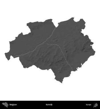 Kortrijk. Belçika 'nın idari bölgesi gri ölçekli yükseklik haritasında beyaza izole edildi