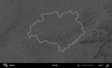 Kortrijk. Belçika 'nın idari alanı bir gri ölçekli yükseklik haritasında belirtilmiştir