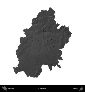 La Louviere 'de. Belçika 'nın idari bölgesi gri ölçekli yükseklik haritasında beyaza izole edildi