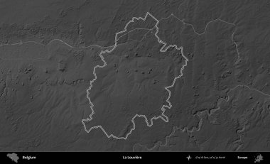 La Louviere 'de. Belçika 'nın idari alanı bir gri ölçekli yükseklik haritasında belirtilmiştir