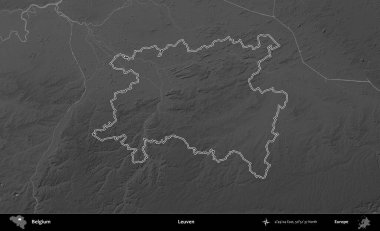 Leuven. Belçika 'nın idari alanı bir gri ölçekli yükseklik haritasında belirtilmiştir