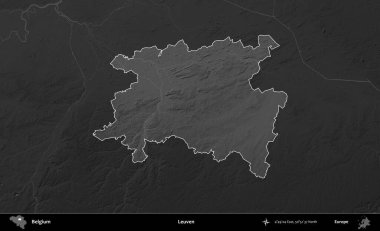 Leuven. Belçika 'nın idari alanı koyu gri tonlu bir yükselme haritasına vurgulandı ve özetlendi
