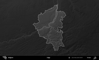 Liege. Belçika 'nın idari alanı koyu gri tonlu bir yükselme haritasına vurgulandı ve özetlendi