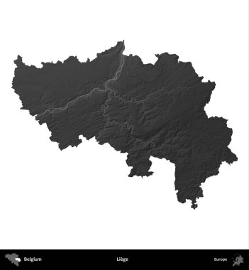 Liege. Belçika 'nın idari bölgesi gri ölçekli yükseklik haritasında beyaza izole edildi