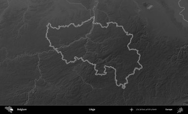 Liege. Belçika 'nın idari alanı bir gri ölçekli yükseklik haritasında belirtilmiştir