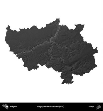 Liege (Communaute francaise). Belçika 'nın idari bölgesi gri ölçekli yükseklik haritasında beyaza izole edildi