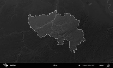 Liege. Belçika 'nın idari alanı koyu gri tonlu bir yükselme haritasına vurgulandı ve özetlendi