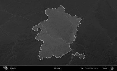 Limburg. Belçika 'nın idari alanı koyu gri tonlu bir yükselme haritasına vurgulandı ve özetlendi