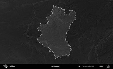 Lüksemburg. Belçika 'nın idari alanı koyu gri tonlu bir yükselme haritasına vurgulandı ve özetlendi