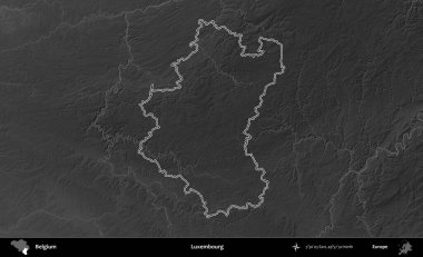 Lüksemburg. Belçika 'nın idari alanı bir gri ölçekli yükseklik haritasında belirtilmiştir