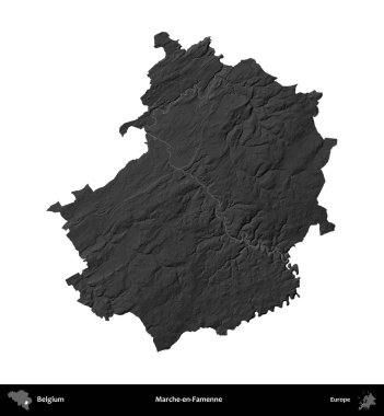 Marche-en-Famenne. Belçika 'nın idari bölgesi gri ölçekli yükseklik haritasında beyaza izole edildi