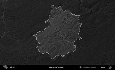 Marche-en-Famenne. Belçika 'nın idari alanı koyu gri tonlu bir yükselme haritasına vurgulandı ve özetlendi