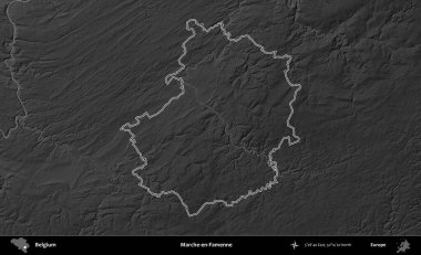 Marche-en-Famenne. Belçika 'nın idari alanı bir gri ölçekli yükseklik haritasında belirtilmiştir