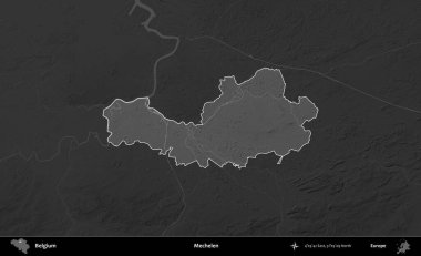 Mechelen. Belçika 'nın idari alanı koyu gri tonlu bir yükselme haritasına vurgulandı ve özetlendi