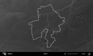 Namur. Belçika 'nın idari alanı bir gri ölçekli yükseklik haritasında belirtilmiştir