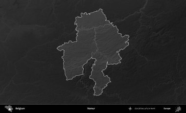 Namur. Belçika 'nın idari alanı koyu gri tonlu bir yükselme haritasına vurgulandı ve özetlendi