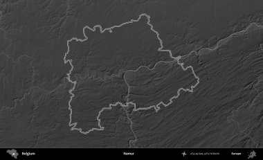 Namur. Belçika 'nın idari alanı bir gri ölçekli yükseklik haritasında belirtilmiştir
