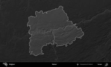 Namur. Belçika 'nın idari alanı koyu gri tonlu bir yükselme haritasına vurgulandı ve özetlendi