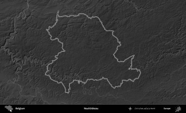 Neufchateau. Belçika 'nın idari alanı bir gri ölçekli yükseklik haritasında belirtilmiştir