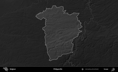 Philippeville 'de. Belçika 'nın idari alanı koyu gri tonlu bir yükselme haritasına vurgulandı ve özetlendi