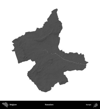 Roeselare. Belçika 'nın idari bölgesi gri ölçekli yükseklik haritasında beyaza izole edildi