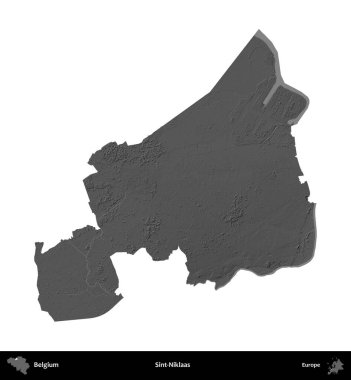 Sint-Niklaas. Belçika 'nın idari bölgesi gri ölçekli yükseklik haritasında beyaza izole edildi