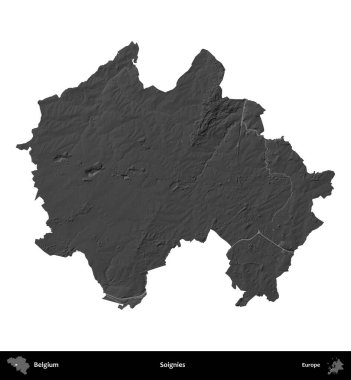 Soignies. Belçika 'nın idari bölgesi gri ölçekli yükseklik haritasında beyaza izole edildi
