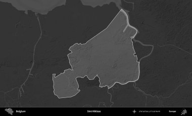 Sint-Niklaas. Belçika 'nın idari alanı koyu gri tonlu bir yükselme haritasına vurgulandı ve özetlendi
