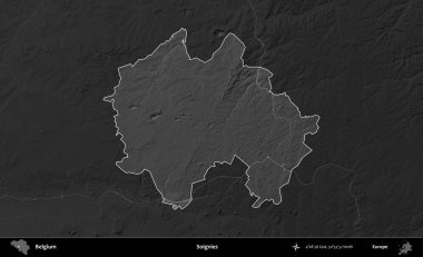 Soignies. Belçika 'nın idari alanı koyu gri tonlu bir yükselme haritasına vurgulandı ve özetlendi