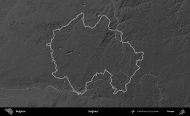 Soignies. Belçika 'nın idari alanı bir gri ölçekli yükseklik haritasında belirtilmiştir